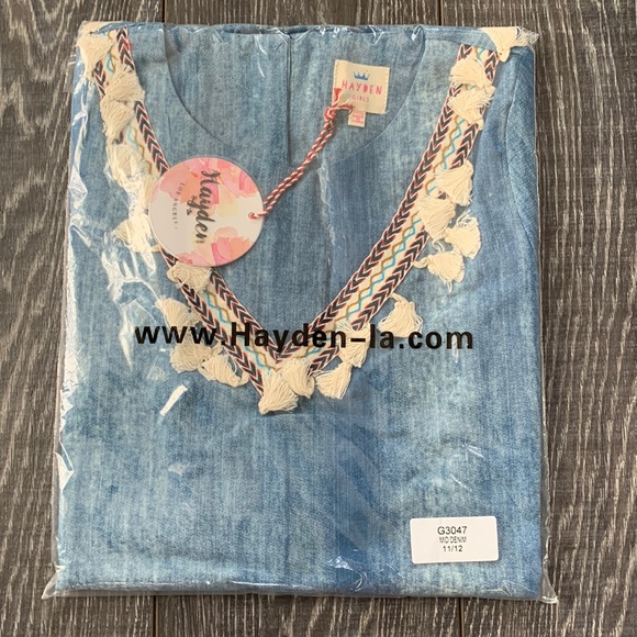 NEW Hayden Los Angeles Girls Denim Fringe Boho Dress 11/12 mini free people - Picture 3 of 6